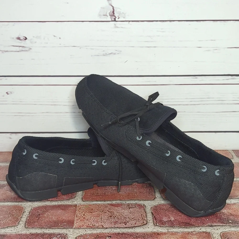 Swims Black Mesh Lace-Trim Slip-On Loafers